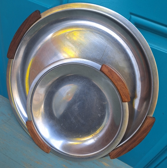 Vintage Stainless Steel Tray Teak Wood Handles MCM Metal Platter Modern Display - Picture 3 of 15